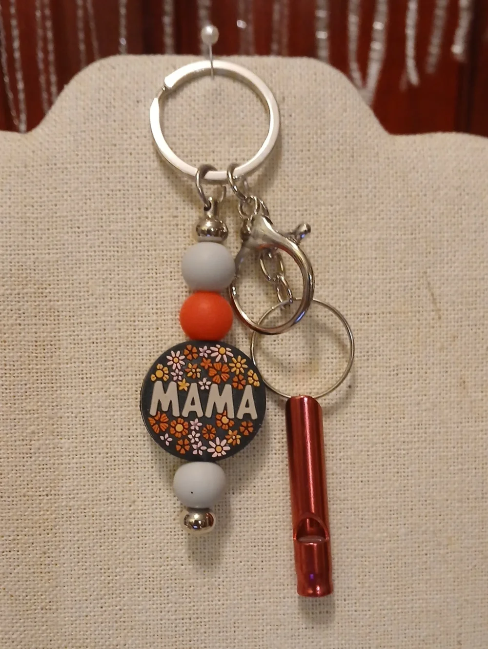 Mama Floral Beaded Keychain with Red Whistle